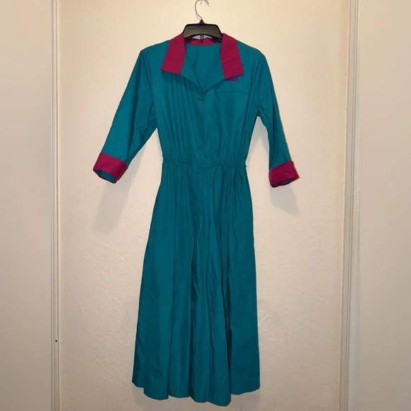 Vintage 60s 70s Teal and Pink Dress - Picture 2 of 6